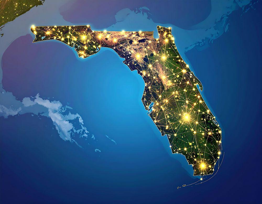 Nighttime satellite view highlighting cities and roadways of a US state Florida Manual J and HVAC Calculations